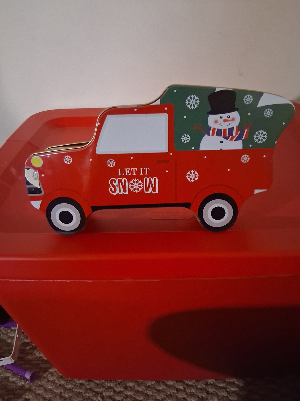 Festive Red Snowman Truck Holiday Tin